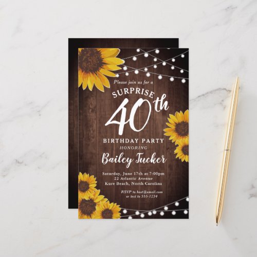 Rustic Sunflower Surprise 40th Birthday Invitation