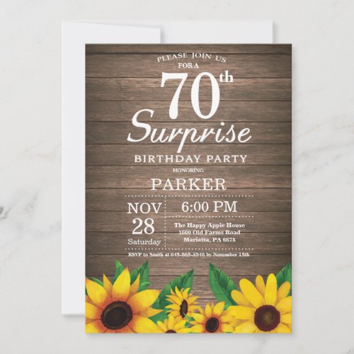 Rustic Sunflower Surprise 70th Birthday Invitation