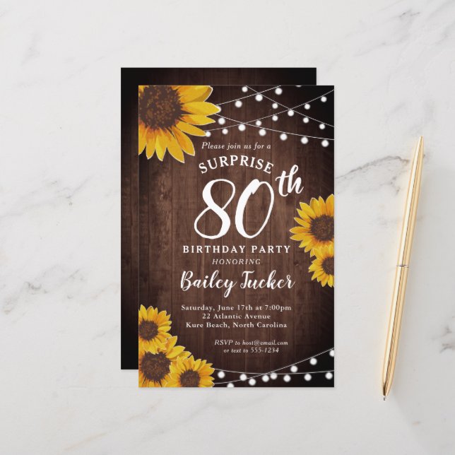 Rustic Sunflower Surprise 80th Birthday Invitation (Front/Back In Situ)