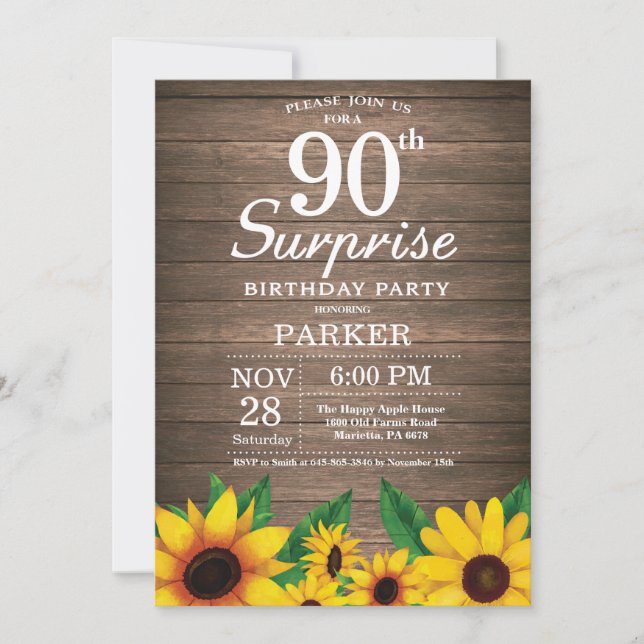 Rustic Sunflower Surprise 90th Birthday Invitation (Front)