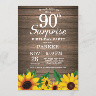 Rustic Sunflower Surprise 90th Birthday Invitation