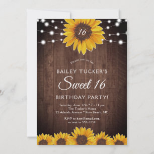 Rustic Sunflower Sweet 16 Birthday String Lights I Invitation
