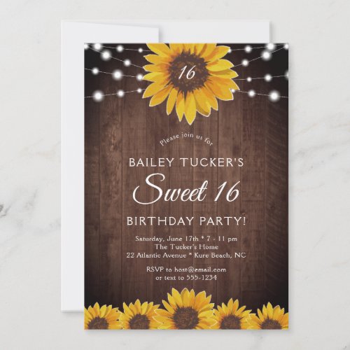 Rustic Sunflower Sweet 16 Birthday String Lights I Invitation