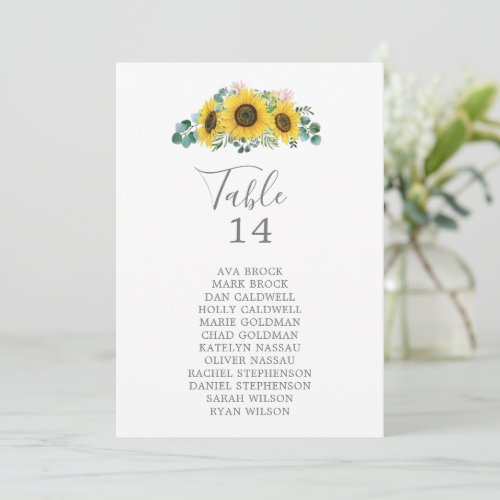 Rustic Sunflower Table Number Seating Chart Cards