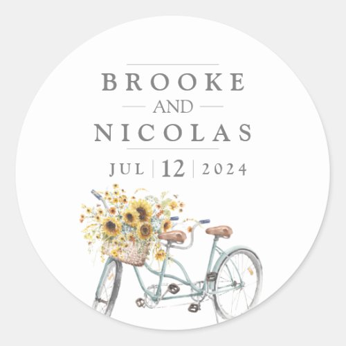 Rustic Sunflower Tandem Bicycle Watercolor Wedding Classic Round Sticker