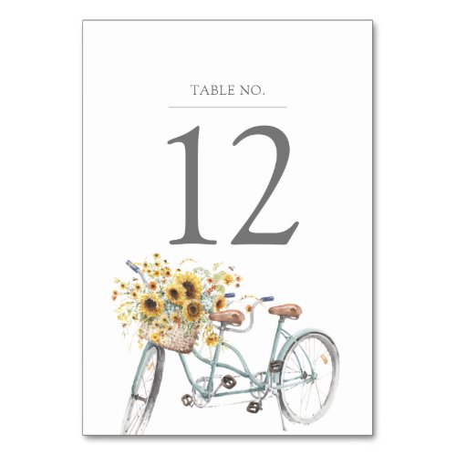 Rustic Sunflower Tandem Bicycle Watercolor Wedding Table Number