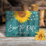 Rustic Sunflower Teal Barn Wedding Save the Date Announcement Postcard<br><div class="desc">Rustic Sunflower & String Lights Teal Barn Wood Wedding Save the Date Announcements.</div>