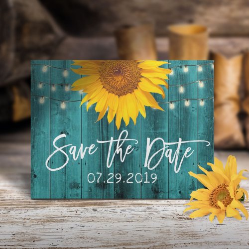 Rustic Sunflower Teal Barn Wedding Save the Date Announcement Postcard