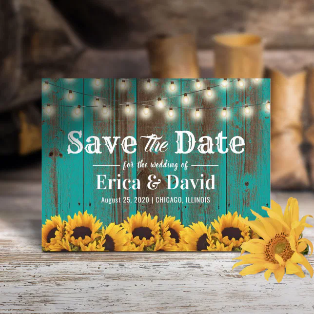 Rustic Sunflower Teal Barn Wood Save the Date Announcement Postcard ...