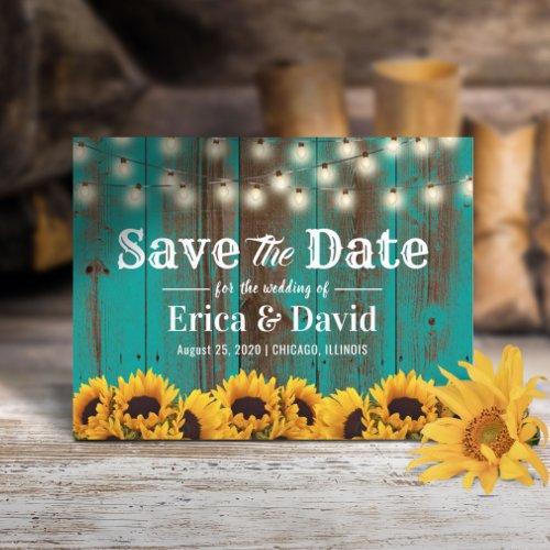 Rustic Sunflower Teal Barn Wood Save the Date Announcement Postcard