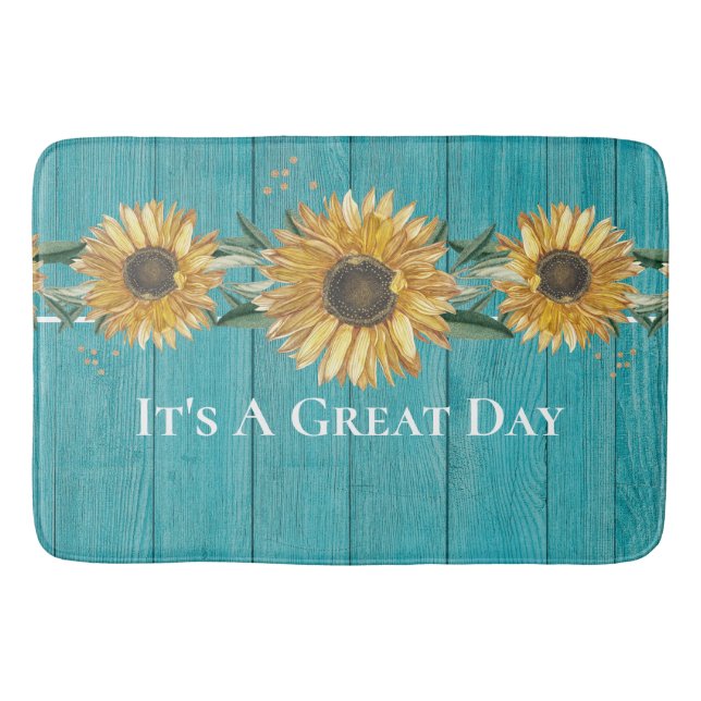 Rustic Sunflower Teal Blue Barn Wood country Bath  Bath Mat (Front)