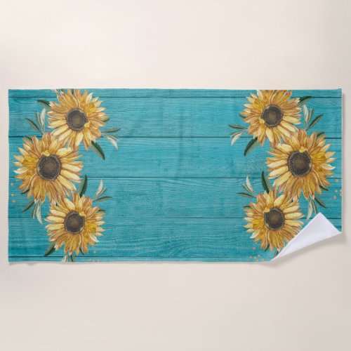 Rustic Sunflower Teal Blue Barn Wood Country   Beach Towel