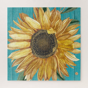 Rustic Sunflower Teal Blue Barn Wood Country Jigsaw Puzzle