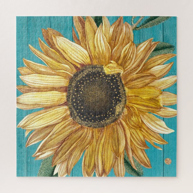 Rustic Sunflower Teal Blue Barn Wood Country   Jigsaw Puzzle (Vertical)