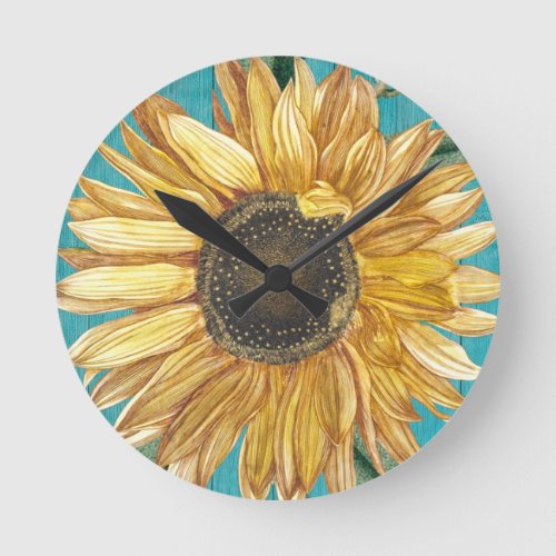 Rustic Sunflower Teal Blue Barn Wood Country  Round Clock