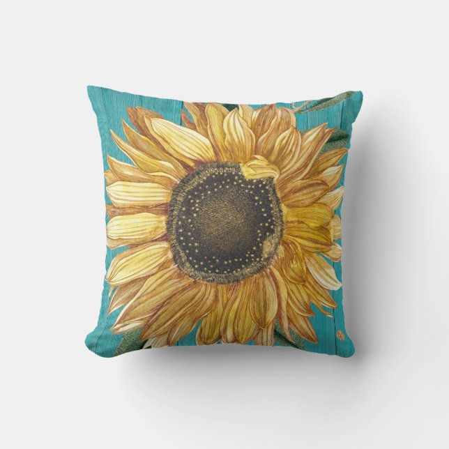 Rustic Sunflower Teal Blue Barn Wood Country  Throw Pillow (Front)