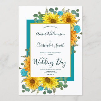 Rustic Sunflower Teal Blue Roses Country Wedding Invitation