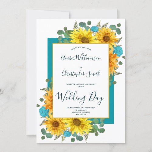 Rustic Sunflower Teal Blue Roses Country Wedding Invitation