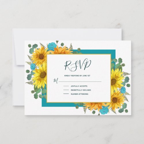 Rustic Sunflower Teal Blue Roses Country Wedding RSVP Card