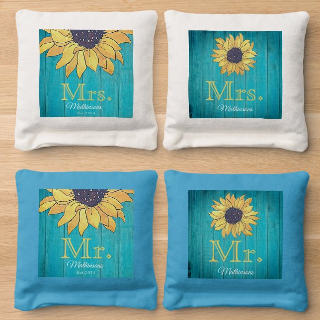 Rustic Sunflower Teal Blue Wood Family Monogram   Cornhole Bags (Wood)