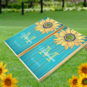 Rustic Sunflower Teal Blue Wood Family Monogram Cornhole Set