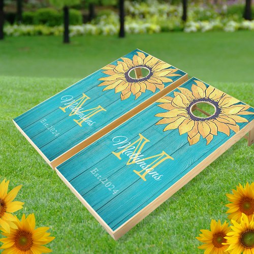 Rustic Sunflower Teal Blue Wood Family Monogram  Cornhole Set