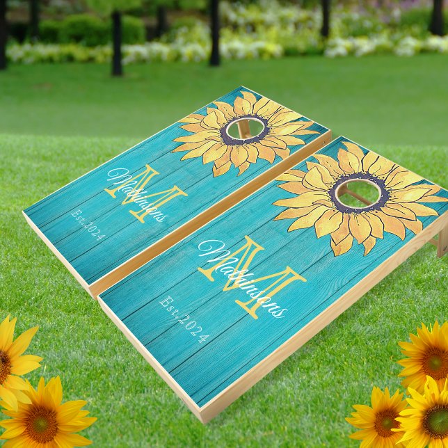 Rustic Sunflower Teal Blue Wood Family Monogram  Cornhole Set (Creator Uploaded)