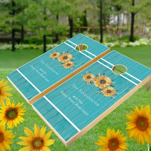 Rustic Sunflower Teal Blue Wood name address  Cornhole Set