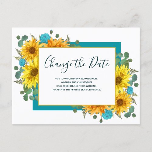Rustic Sunflower Teal Rose Wedding Change the Date Announcement Postcard