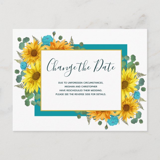 Rustic Sunflower Teal Rose Wedding Change the Date Announcement Postcard (Front)