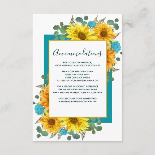Rustic Sunflower Teal Roses Wedding Accommodations Enclosure Card
