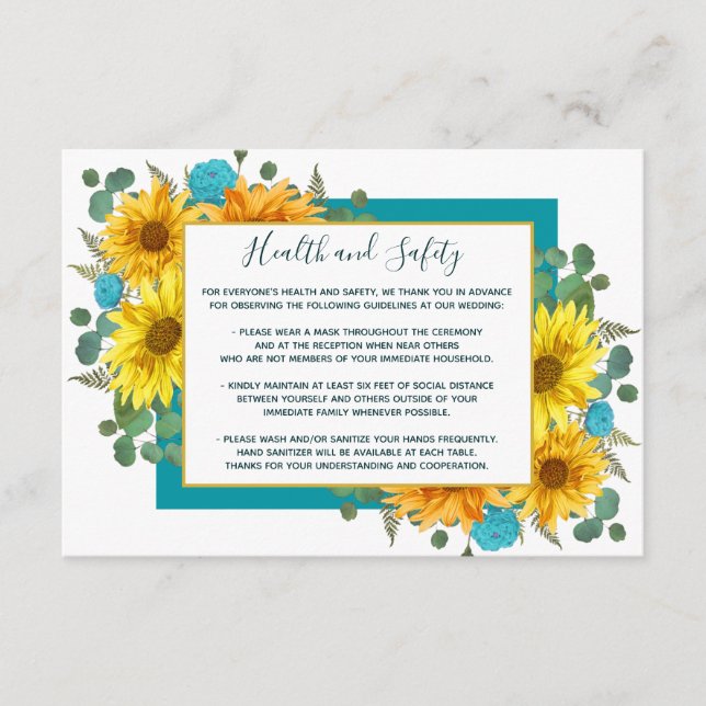 Rustic Sunflower Teal Roses Wedding Health Safety Enclosure Card (Front)