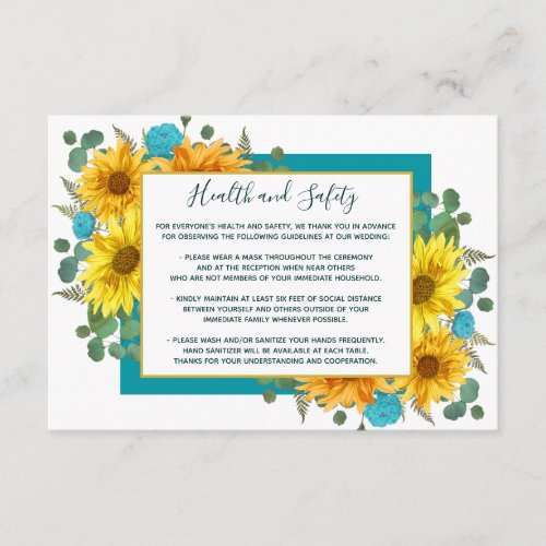 Rustic Sunflower Teal Roses Wedding Health Safety Enclosure Card