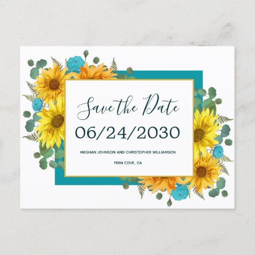 Rustic Sunflower Teal Roses Wedding Save the Date Announcement Postcard