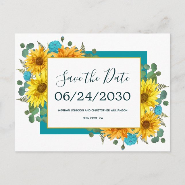 Rustic Sunflower Teal Roses Wedding Save the Date Announcement Postcard (Front)