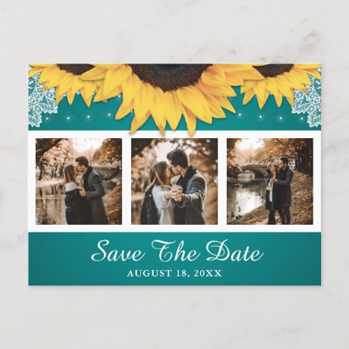 Rustic Sunflower Teal Wedding Photo Save The Date Announcement Postcard