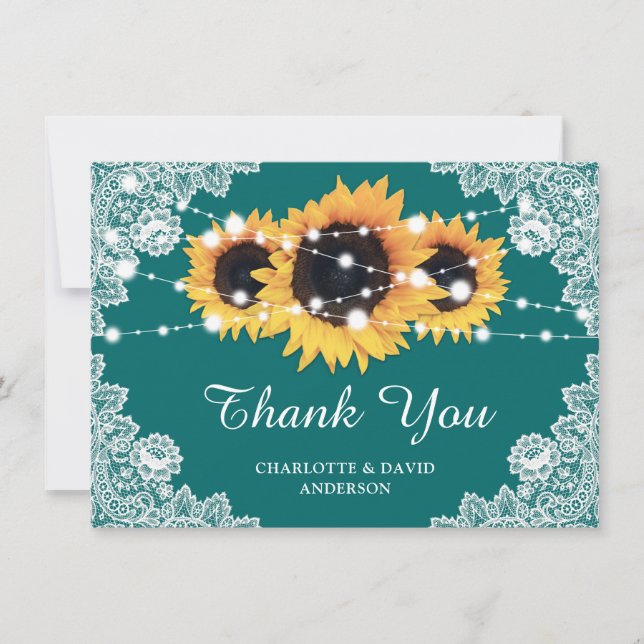 Rustic Sunflower Teal Wedding Thank You Card (Front)