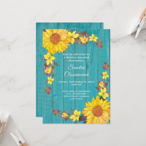 Rustic Sunflower Teal Wood Wedding Bridal Shower Invitation