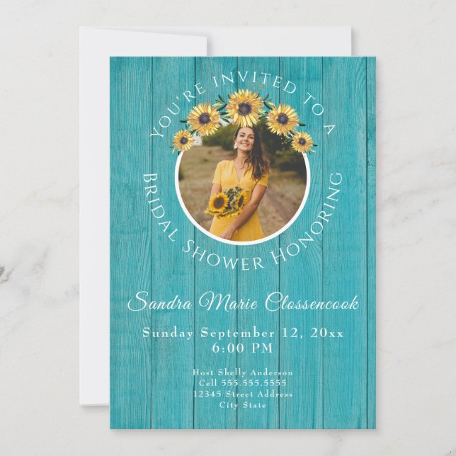 Rustic Sunflower Teal Wood Wedding Bridal Shower Invitation (Front)