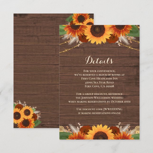 Rustic Sunflower Terracotta Rose Wedding Details Enclosure Card (Front/Back)