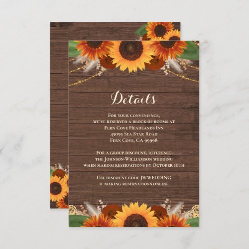 Rustic Sunflower Terracotta Rose Wedding Details Enclosure Card