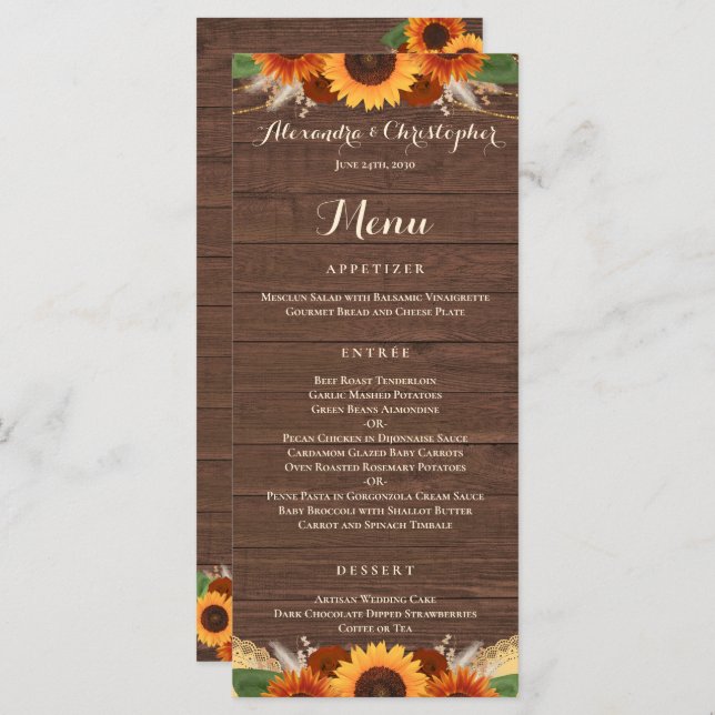 Rustic Sunflower Terracotta Roses Boho Wedding Menu (Front/Back)
