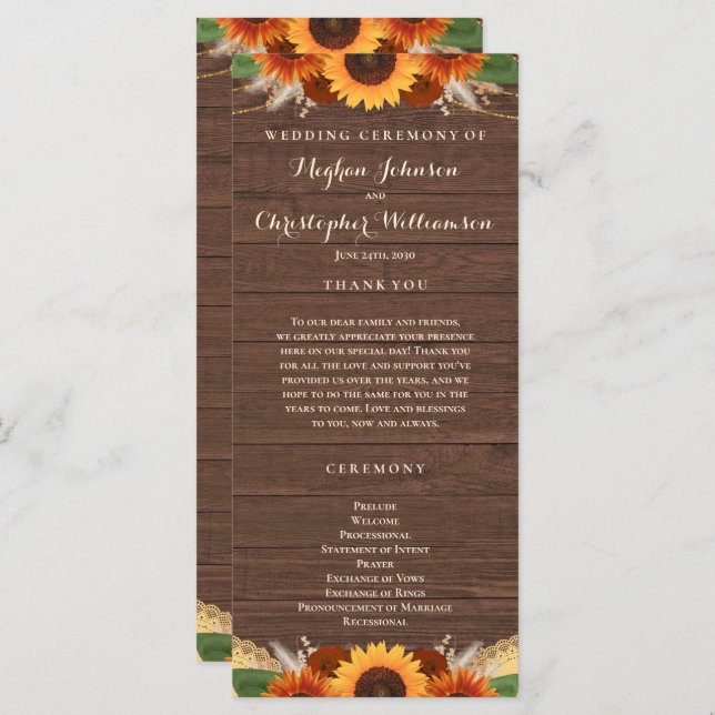 Rustic Sunflower Terracotta Roses Boho Wedding Program (Front/Back)