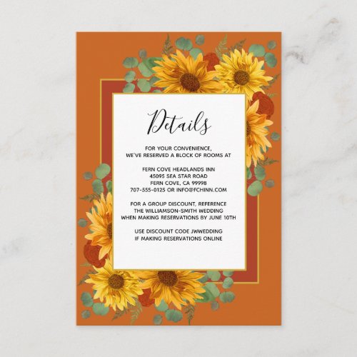 Rustic Sunflower Terracotta Roses Wedding Details Enclosure Card