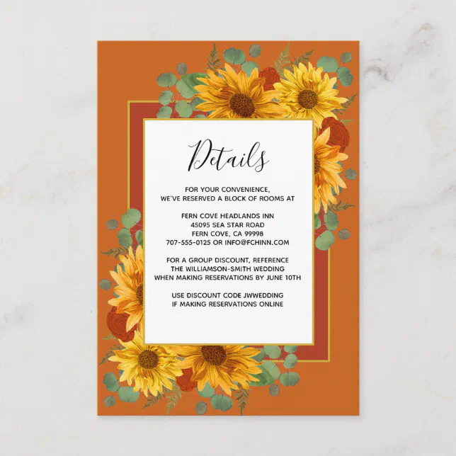 Rustic Sunflower Terracotta Roses Wedding Details Enclosure Card Zazzle