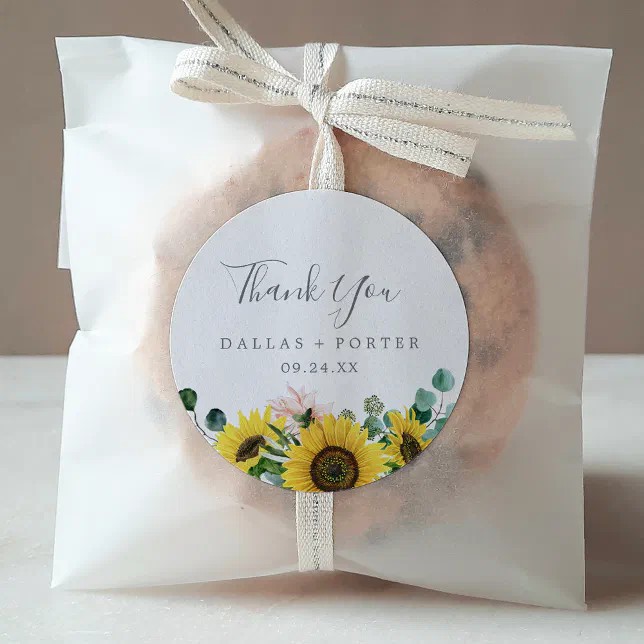 Rustic Sunflower Thank You Wedding Favor Sticker | Zazzle