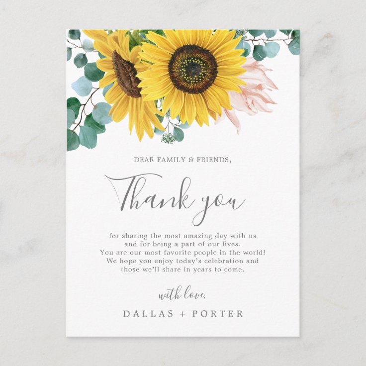 Rustic Sunflower Thank You Wedding Reception Card | Zazzle