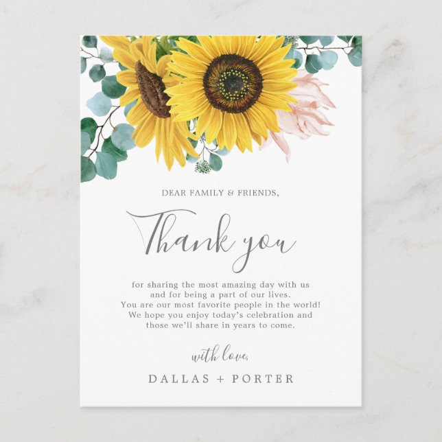 Rustic Sunflower Thank You Wedding Reception Card (Front)