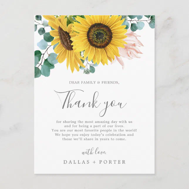 Rustic Sunflower Thank You Wedding Reception Card | Zazzle