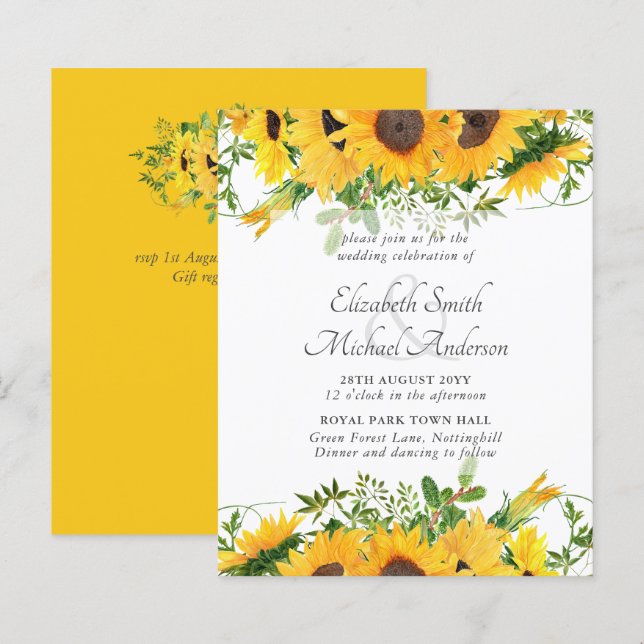 Rustic Sunflower Themed Wedding Stationery Budget (Front/Back)